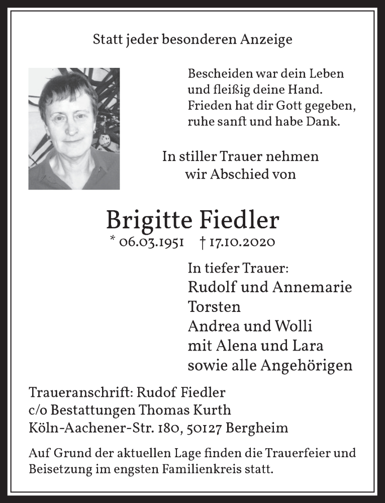  Traueranzeige für Brigitte Fiedler vom 06.11.2020 aus  Werbepost 