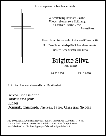 Anzeige von Brigitte Silva von Kölner Stadt-Anzeiger / Kölnische Rundschau / Express