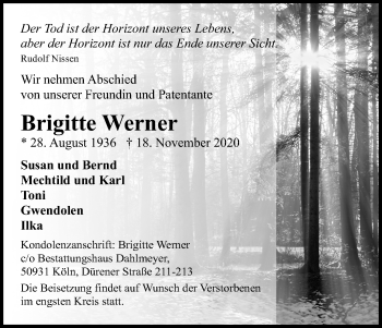 Anzeige von Brigitte Werner von Kölner Stadt-Anzeiger / Kölnische Rundschau / Express