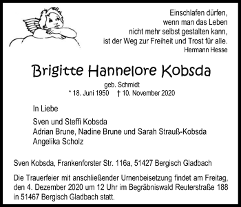 Anzeige von Brigitte Hannelore Kobsda von Kölner Stadt-Anzeiger / Kölnische Rundschau / Express