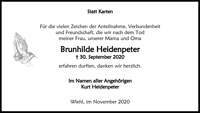  Traueranzeige für Brunhilde Heidenpeter vom 14.11.2020 aus Kölner Stadt-Anzeiger / Kölnische Rundschau / Express