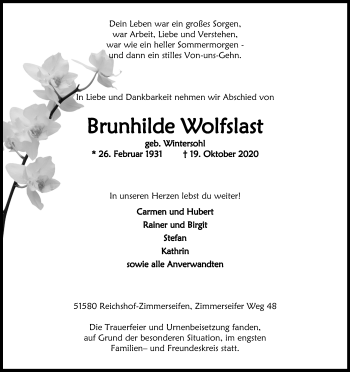 Anzeige von Brunhilde Wolfslast von Kölner Stadt-Anzeiger / Kölnische Rundschau / Express