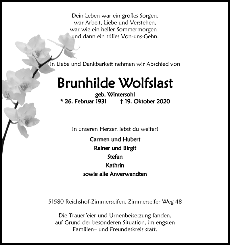  Traueranzeige für Brunhilde Wolfslast vom 07.11.2020 aus Kölner Stadt-Anzeiger / Kölnische Rundschau / Express