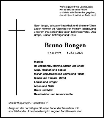 Anzeige von Bruno Bongen von Kölner Stadt-Anzeiger / Kölnische Rundschau / Express