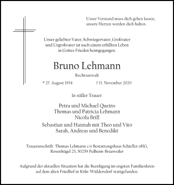 Anzeige von Bruno Lehmann von Kölner Stadt-Anzeiger / Kölnische Rundschau / Express
