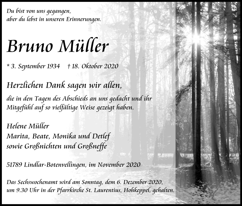  Traueranzeige für Bruno Müller vom 28.11.2020 aus Kölner Stadt-Anzeiger / Kölnische Rundschau / Express