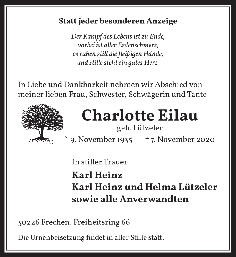  Traueranzeige für Charlotte Eilau vom 20.11.2020 aus  Wochenende 