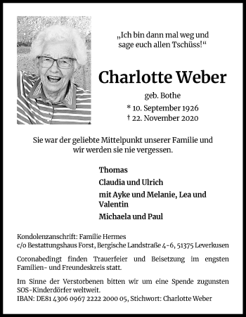 Anzeige von Charlotte Weber von Kölner Stadt-Anzeiger / Kölnische Rundschau / Express