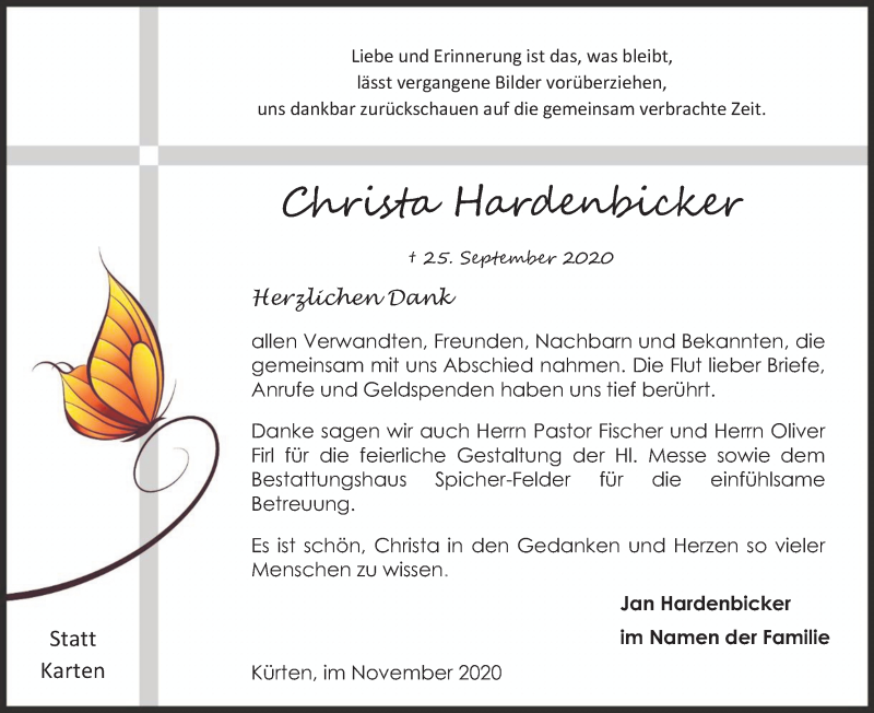  Traueranzeige für Christa Hardenbicker vom 14.11.2020 aus Kölner Stadt-Anzeiger / Kölnische Rundschau / Express
