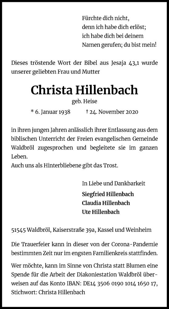  Traueranzeige für Christa Hillenbach vom 28.11.2020 aus Kölner Stadt-Anzeiger / Kölnische Rundschau / Express