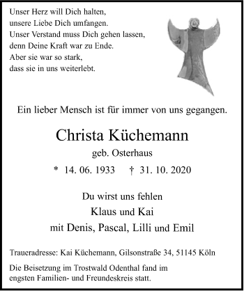 Anzeige von Christa Küchemann von  Bergisches Handelsblatt 