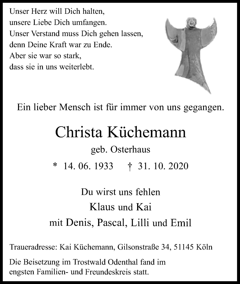  Traueranzeige für Christa Küchemann vom 21.11.2020 aus Kölner Stadt-Anzeiger / Kölnische Rundschau / Express