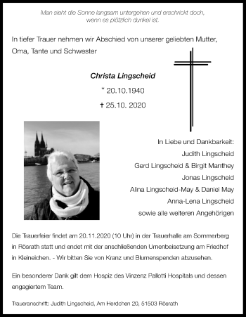 Anzeige von Christa Lingscheid von Kölner Stadt-Anzeiger / Kölnische Rundschau / Express