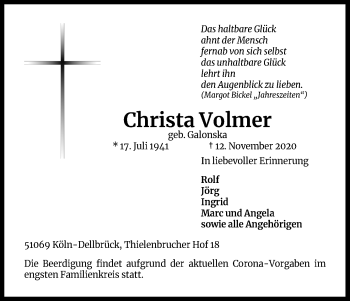 Anzeige von Christa Volmer von Kölner Stadt-Anzeiger / Kölnische Rundschau / Express
