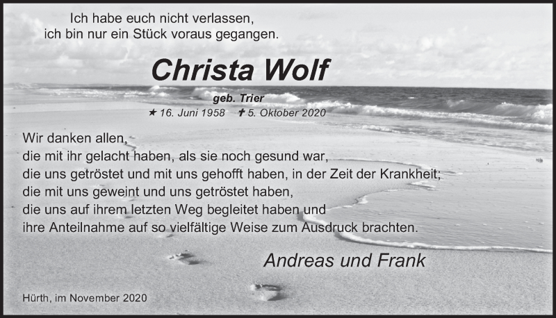  Traueranzeige für Christa Wolf vom 13.11.2020 aus  Wochenende 