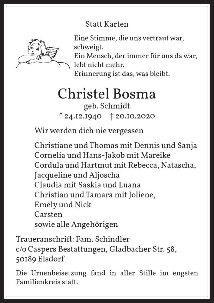  Traueranzeige für Christel Bosma vom 13.11.2020 aus  Werbepost 