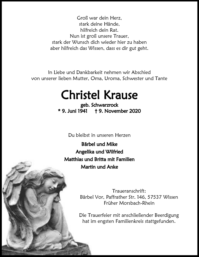  Traueranzeige für Christel Krause vom 20.11.2020 aus  Lokalanzeiger 