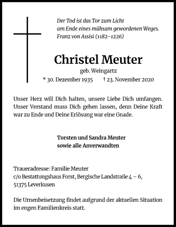 Anzeige von Christel Meuter von Kölner Stadt-Anzeiger / Kölnische Rundschau / Express