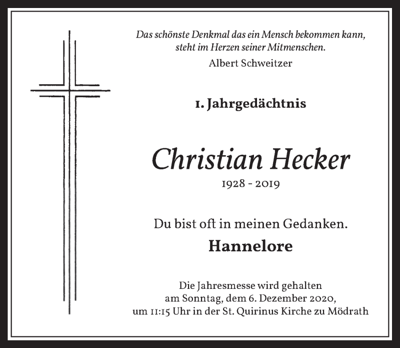  Traueranzeige für Christian Hecker vom 27.11.2020 aus  Werbepost 