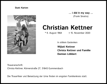 Anzeige von Christian Kettner von Kölner Stadt-Anzeiger / Kölnische Rundschau / Express