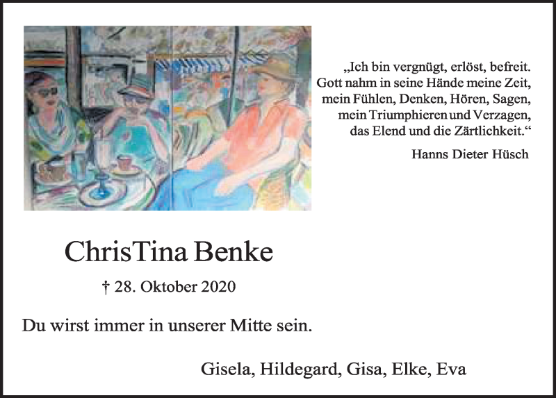  Traueranzeige für Christina Benke vom 06.11.2020 aus  Schlossbote/Werbekurier 