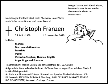 Anzeige von Christoph Franzen von Kölner Stadt-Anzeiger / Kölnische Rundschau / Express