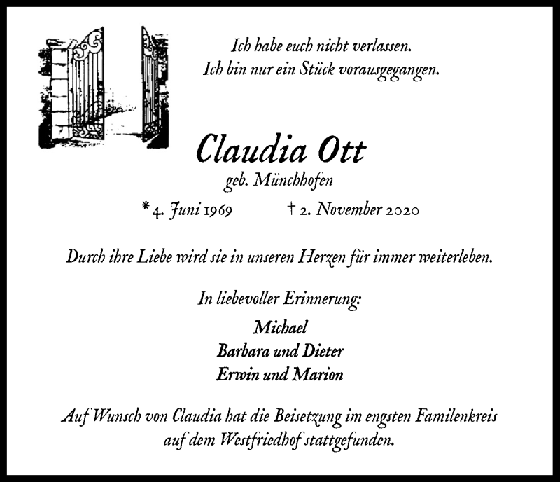  Traueranzeige für Claudia Ott vom 16.11.2020 aus Kölner Stadt-Anzeiger / Kölnische Rundschau / Express