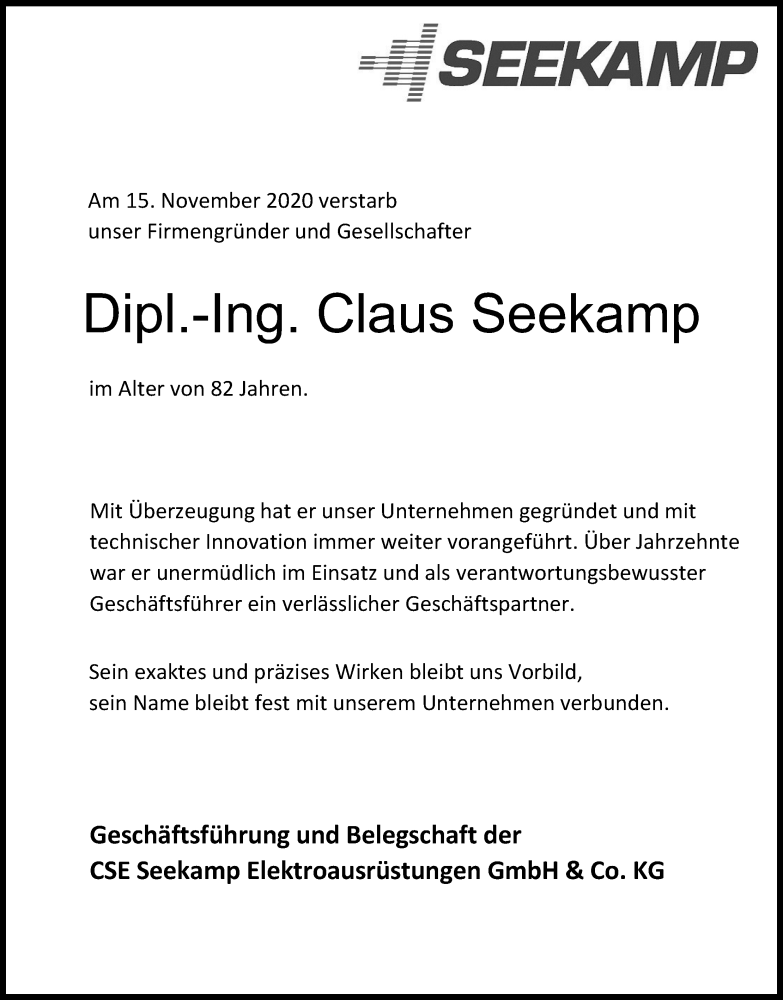  Traueranzeige für Claus Seekamp vom 21.11.2020 aus Kölner Stadt-Anzeiger / Kölnische Rundschau / Express
