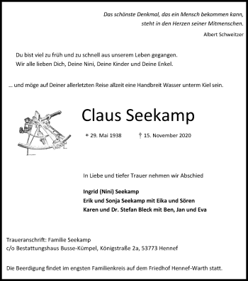 Anzeige von Claus Seekamp von Kölner Stadt-Anzeiger / Kölnische Rundschau / Express