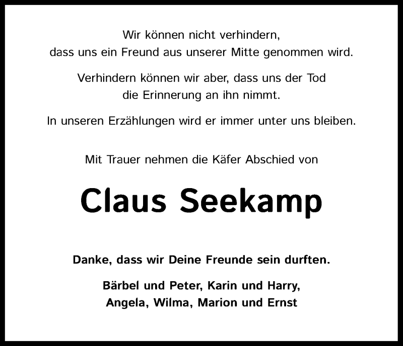  Traueranzeige für Claus Seekamp vom 28.11.2020 aus Kölner Stadt-Anzeiger / Kölnische Rundschau / Express