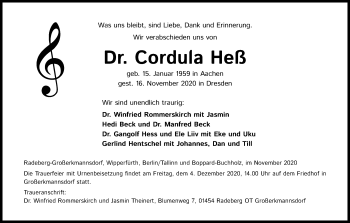 Anzeige von Cordula Heß von Kölner Stadt-Anzeiger / Kölnische Rundschau / Express