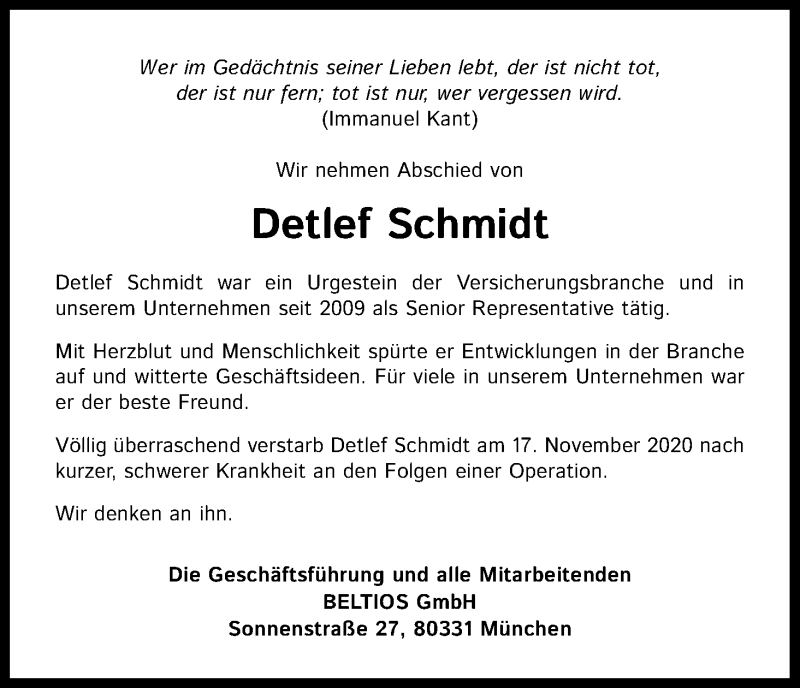  Traueranzeige für Detlef Schmidt vom 28.11.2020 aus Kölner Stadt-Anzeiger / Kölnische Rundschau / Express