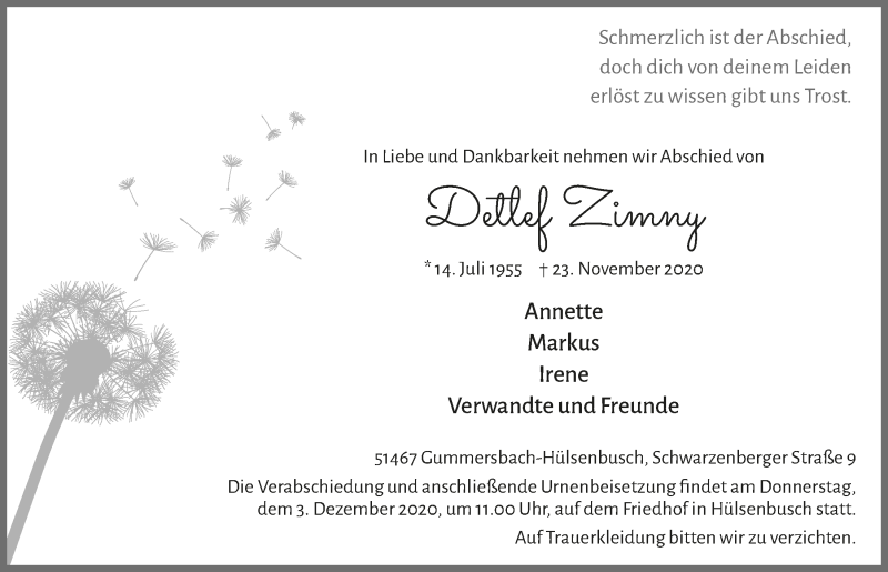  Traueranzeige für Detlef Zimny vom 27.11.2020 aus  Anzeigen Echo 