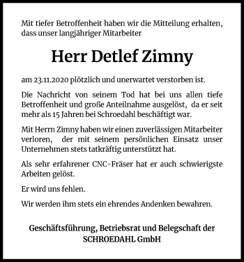 Anzeige von Detlef Zimny von Kölner Stadt-Anzeiger / Kölnische Rundschau / Express