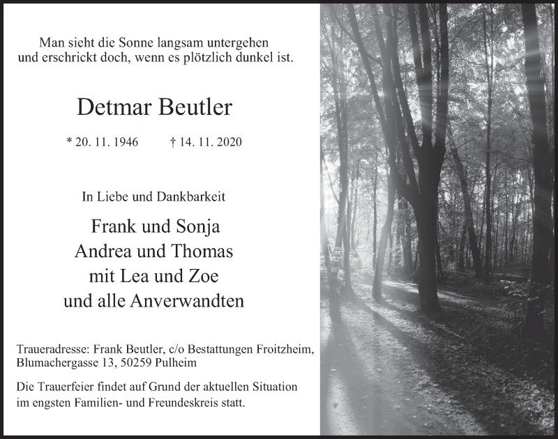 Traueranzeige für Detmar Beutler vom 20.11.2020 aus  Wochenende 