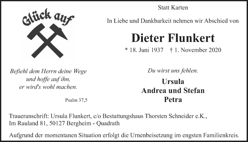  Traueranzeige für Dieter Flunkert vom 06.11.2020 aus  Werbepost 