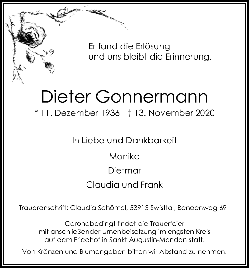  Traueranzeige für Dieter Gonnermann vom 21.11.2020 aus Kölner Stadt-Anzeiger / Kölnische Rundschau / Express