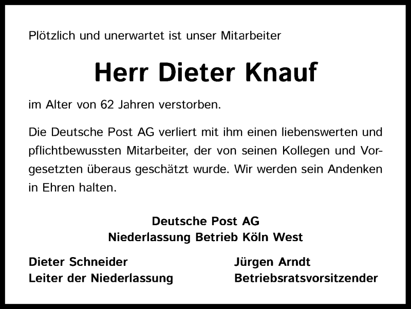  Traueranzeige für Dieter Knauf vom 21.11.2020 aus Kölner Stadt-Anzeiger / Kölnische Rundschau / Express