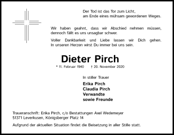 Anzeige von Dieter Pirch von Kölner Stadt-Anzeiger / Kölnische Rundschau / Express