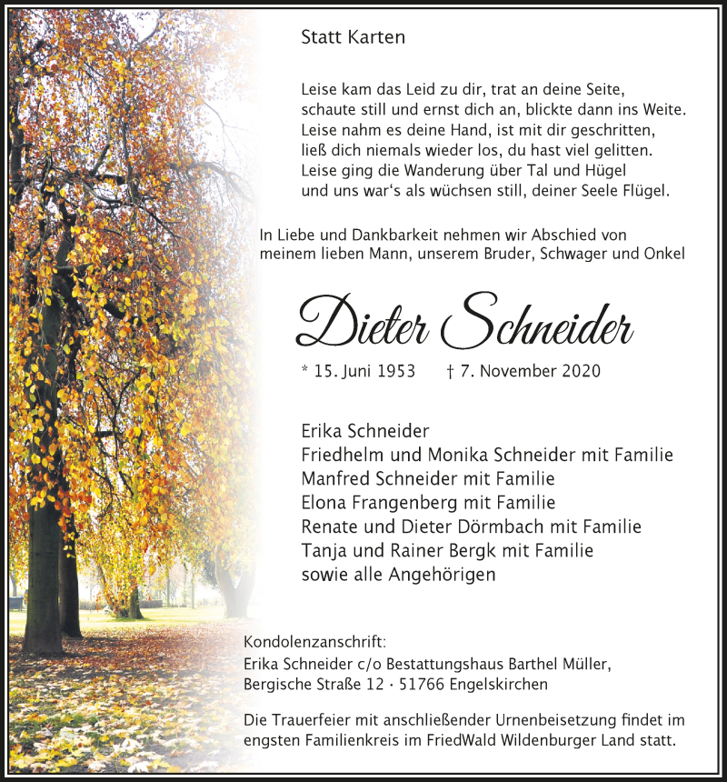  Traueranzeige für Dieter Schneider vom 20.11.2020 aus  Anzeigen Echo 