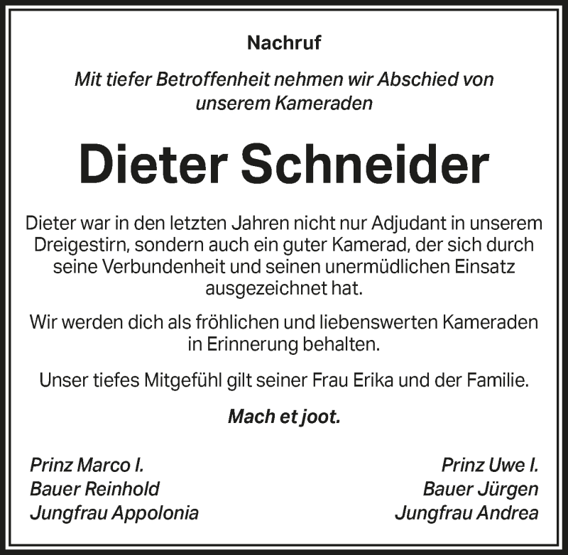  Traueranzeige für Dieter Schneider vom 20.11.2020 aus  Anzeigen Echo 