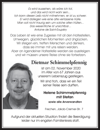 Anzeige von Dietmar Schimmelpfennig von  Wochenende 