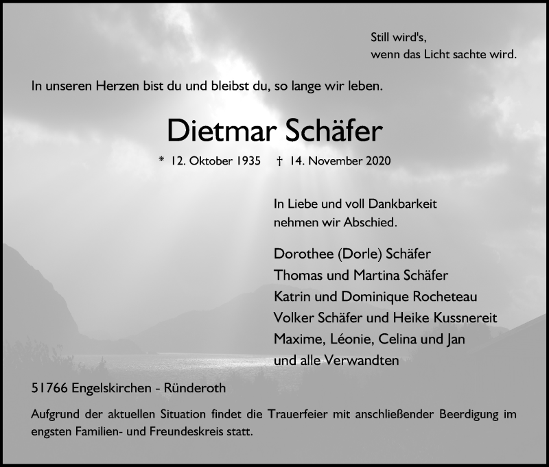  Traueranzeige für Dietmar Schäfer vom 21.11.2020 aus Kölner Stadt-Anzeiger / Kölnische Rundschau / Express