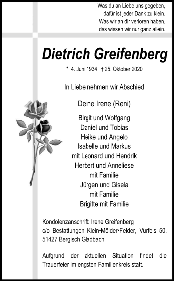 Anzeige von Dietrich Greifenberg von Kölner Stadt-Anzeiger / Kölnische Rundschau / Express