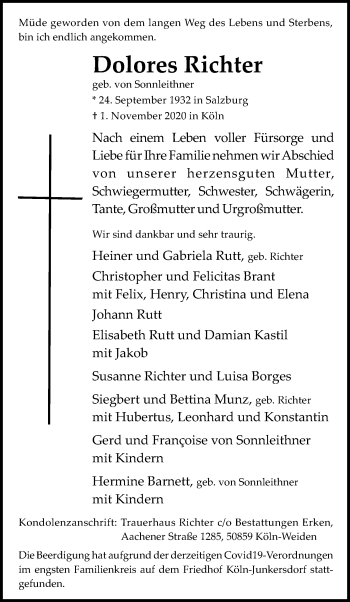 Anzeige von Dolores Richter von Kölner Stadt-Anzeiger / Kölnische Rundschau / Express