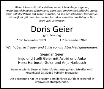 Anzeige von Doris Geier von Kölner Stadt-Anzeiger / Kölnische Rundschau / Express