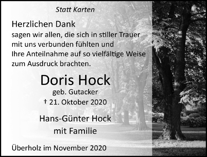  Traueranzeige für Doris Hock vom 13.11.2020 aus  Lokalanzeiger 