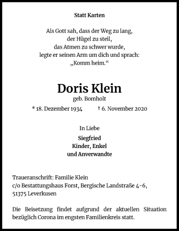 Anzeige von Doris Klein von Kölner Stadt-Anzeiger / Kölnische Rundschau / Express