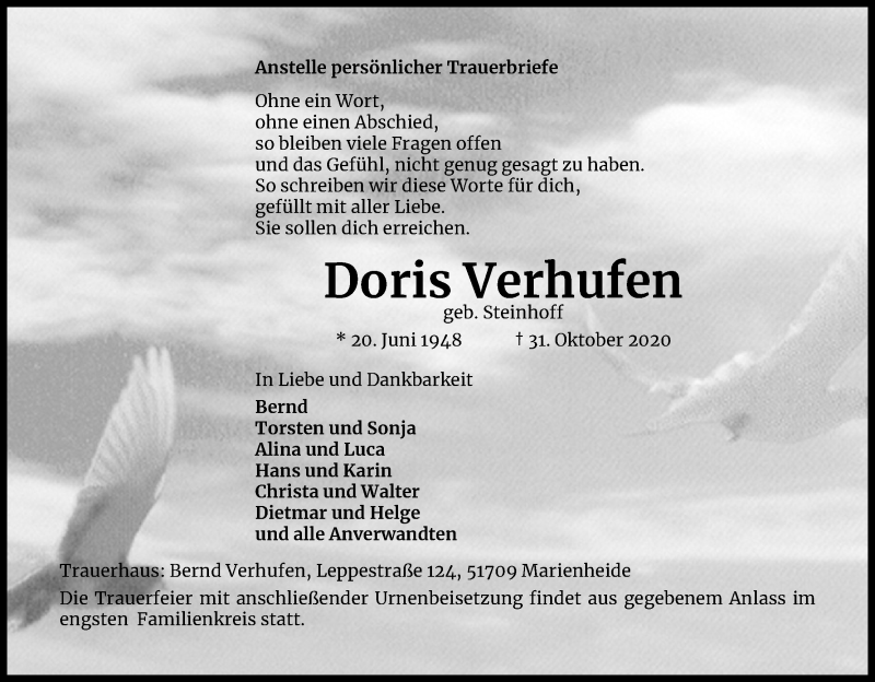  Traueranzeige für Doris Verhufen vom 11.11.2020 aus Kölner Stadt-Anzeiger / Kölnische Rundschau / Express