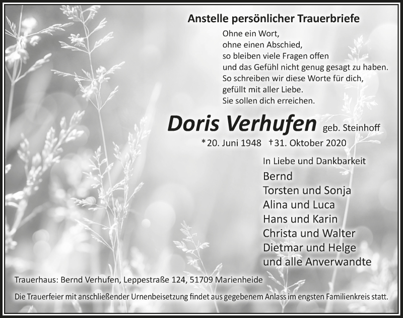  Traueranzeige für Doris Verhufen vom 13.11.2020 aus  Anzeigen Echo 